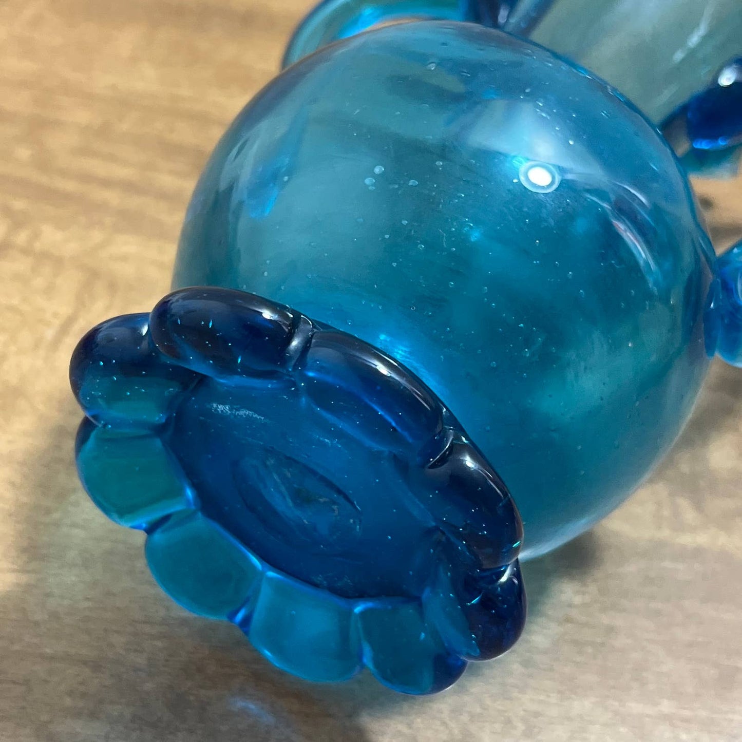 One of a Kind Vintage Hand Blown Art Glass Vase Blue 7” TA1