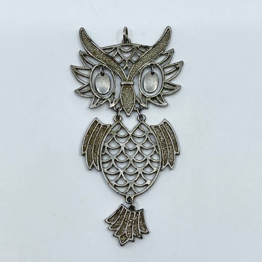 1970s Boho Articulated Owl Pendant Charm Silver Tone Medallion Large SD3