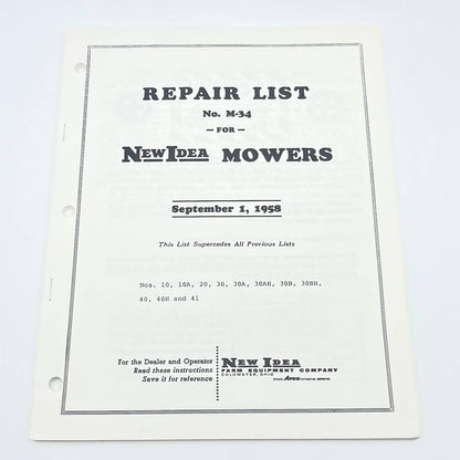 Original 1958 New Idea Repair List M-34 for Mowers 10 10A 20 30 30A 30AH 30B TB9