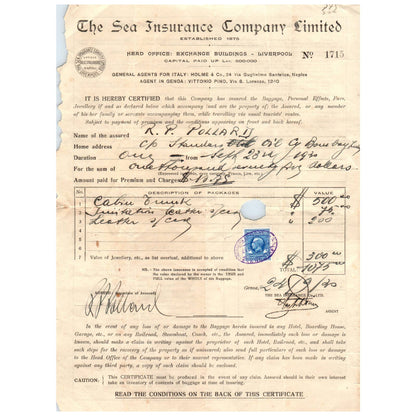 1930 The Sea Insurance Company Letterhead Document for R.P. Pollard AD8