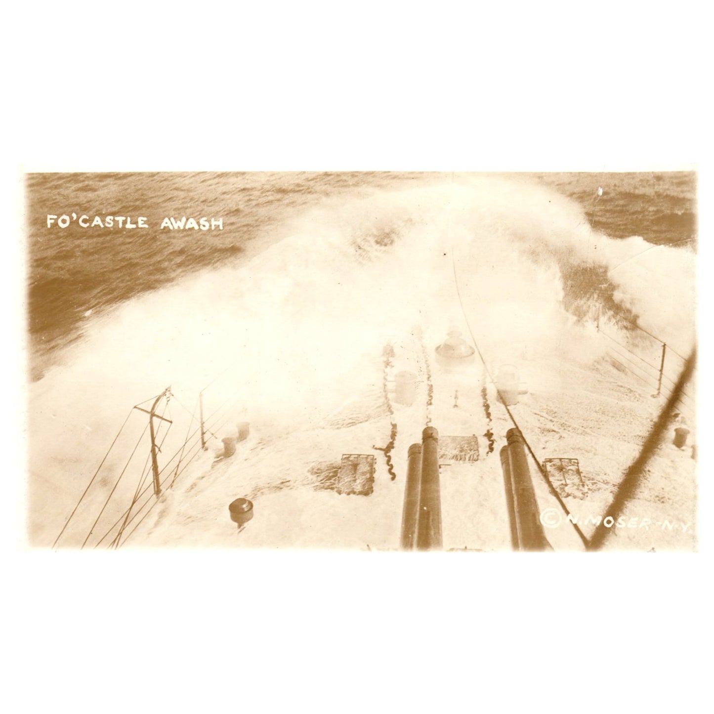 WWI Battleship Scene - Fo'castle Awash - Original Postcard RPPC P3-6