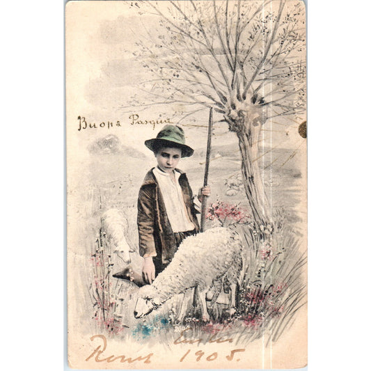 1905 Shepherd Boy Happy Easter Corsican Original Postcard P2-3