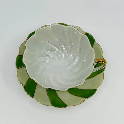 Midcentury Japan Footed Cup and Saucer Green Candy Stripe Swirl Gilt TD9