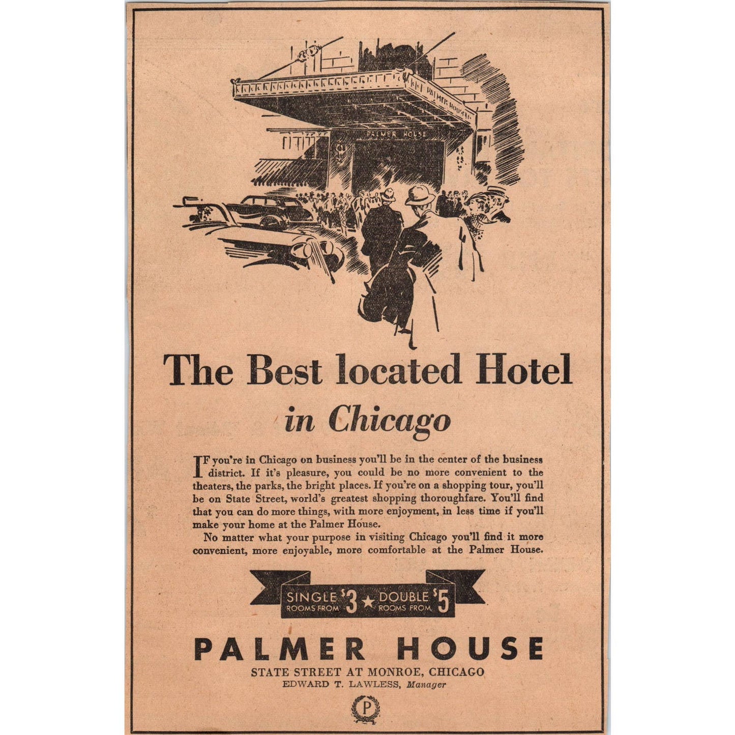 1935 MPLS Journal Newspaper Ad The Palmer House Hotel State St. Chicago FL5-2