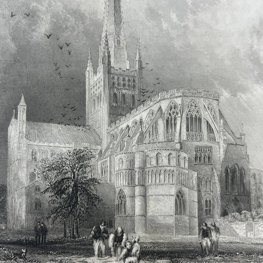 1836 Original Art Engraving Norwich Cathedral View of the South East AC4