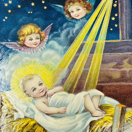 1910s Christmas Post Card Embossed  Baby Jesus Angels Manger Star Dresden PA4