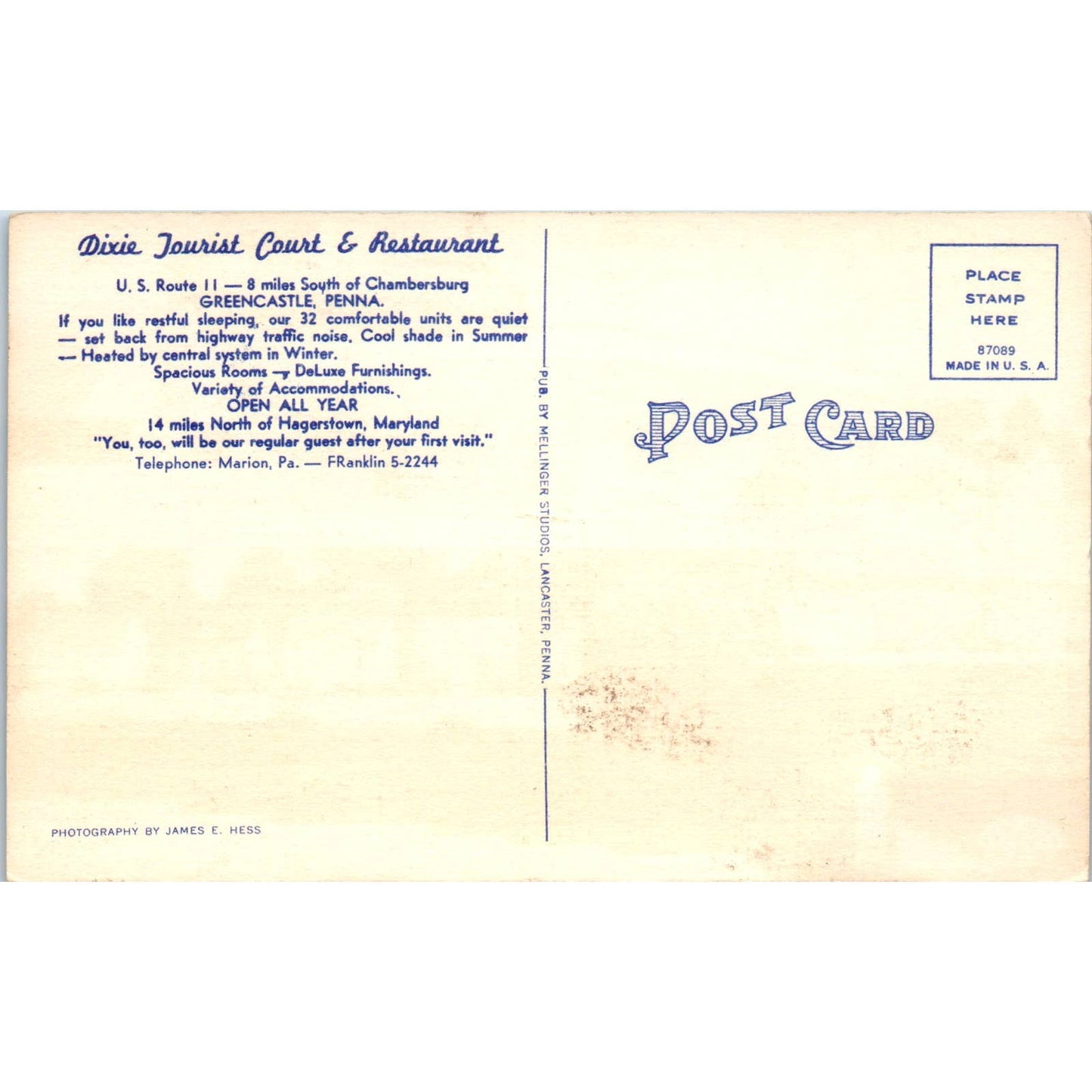 Vintage Postcard Dixie Tourist Court & Restaurant Greencastle PA TD9-P1