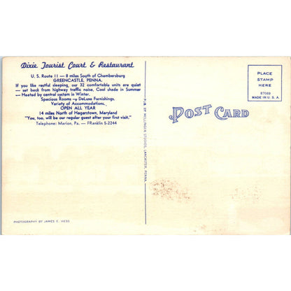 Vintage Postcard Dixie Tourist Court & Restaurant Greencastle PA TD9-P1