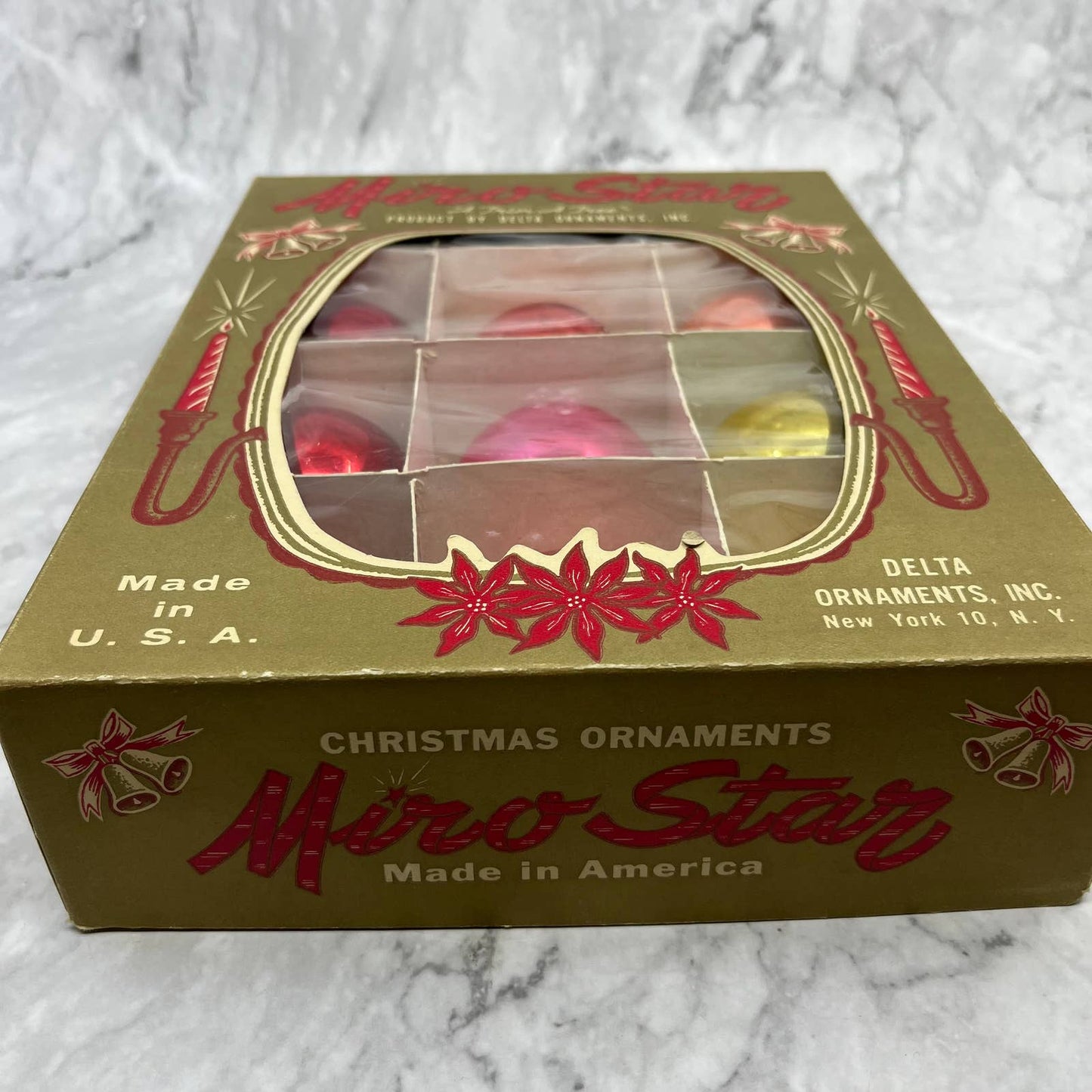 Miro Star 12 Vintage Glass Ornaments With Original Box Red Pink Yellow 2 1/4"