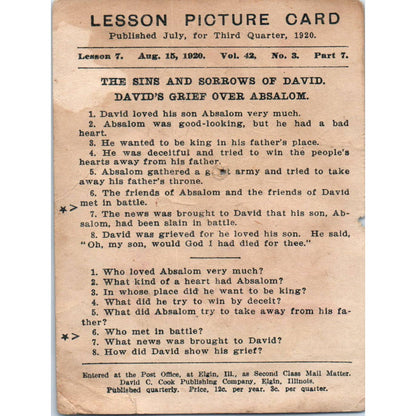 1920 Christian Lesson Picture Card The Sins and Sorrows of David SE5