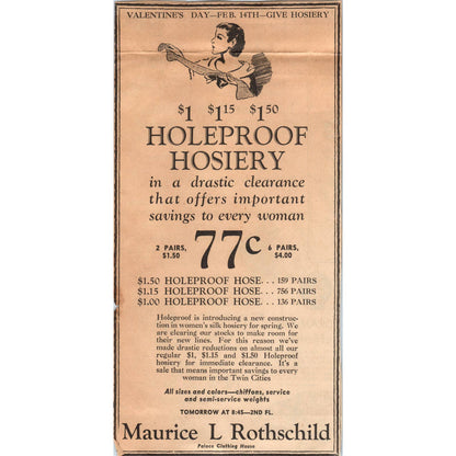 1935 Mpls Journal Newspaper Ad Maurice L Rothschild Holeproof Hosiery FL5-2