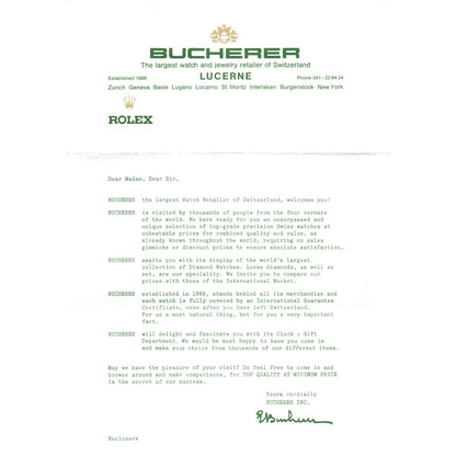 Vintage Bucherer Lucerne Rolex Letterhead Cover Letter Promo AD7