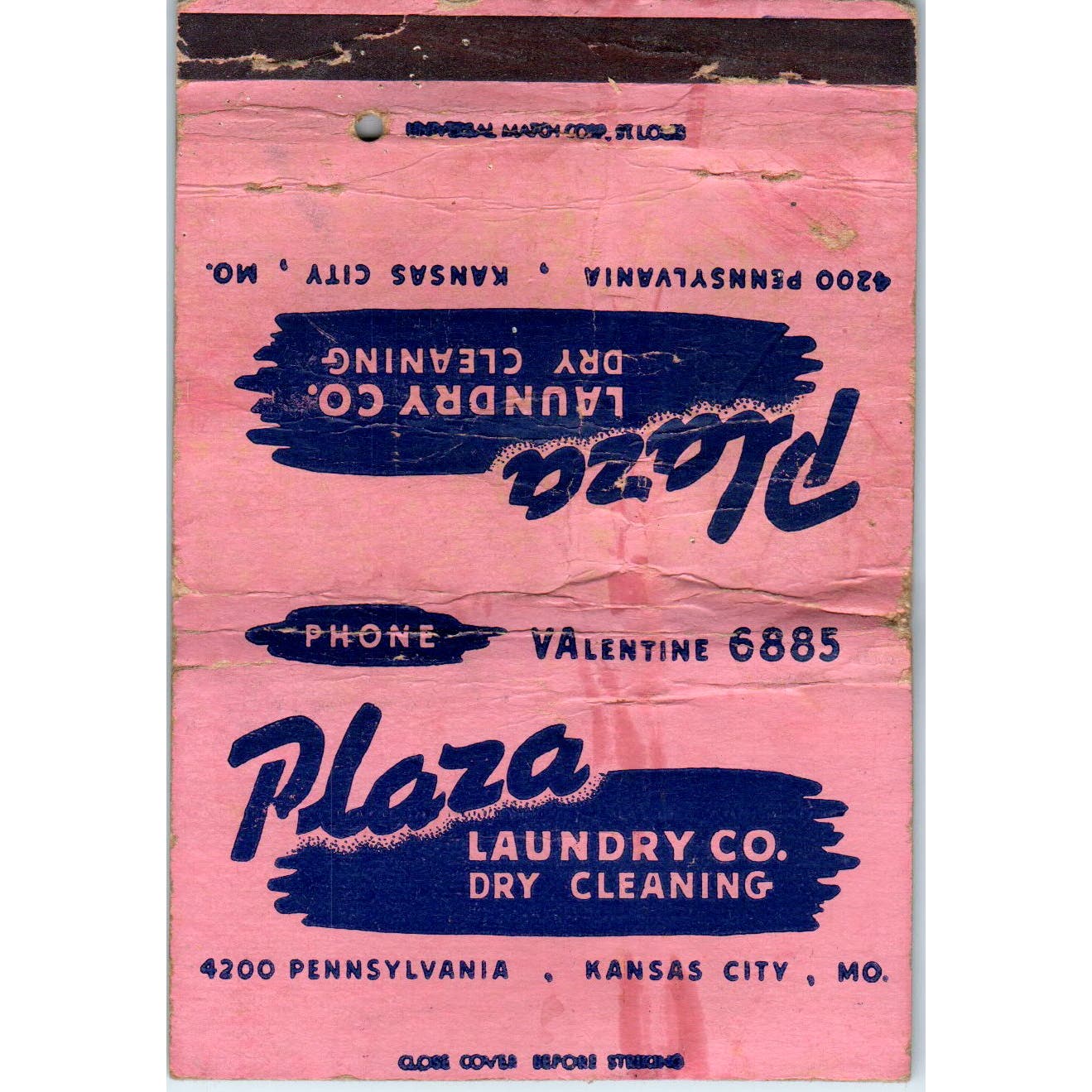 Plaza Laundry Co Kansas City MO Wide Advertising Matchbook Cover SA9-M7