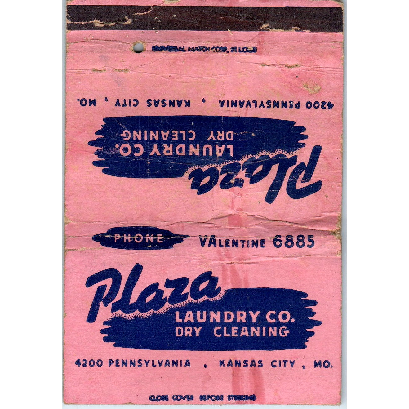 Plaza Laundry Co Kansas City MO Wide Advertising Matchbook Cover SA6-M7