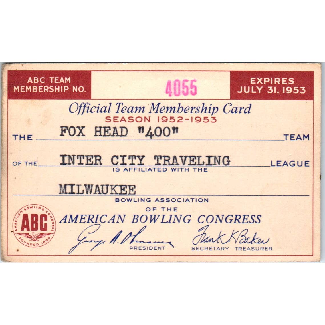 1953 American Bowling Congress Milwaukee Membership Inter City Traveling SE5-51