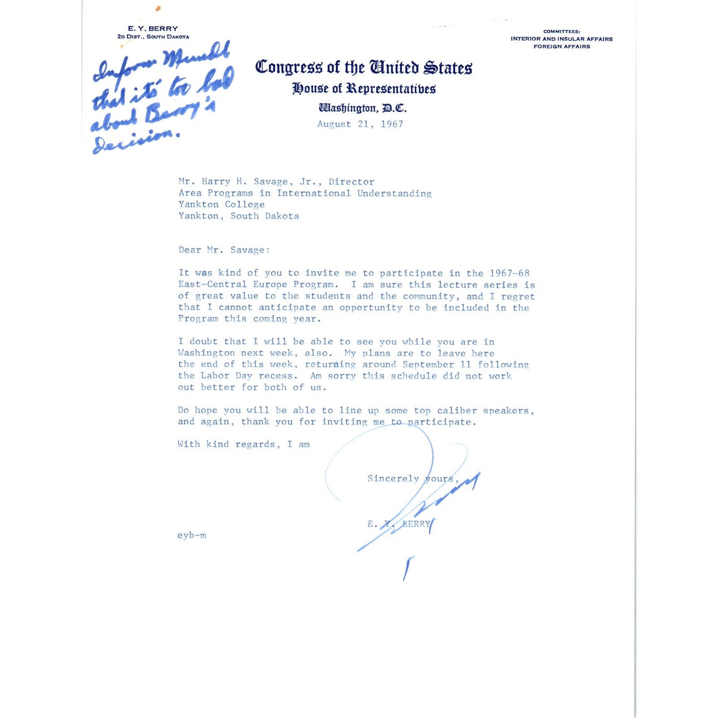 House of Representatives Official Letterhead Signed E.Y. Berry Aug 1967 TK1-P6