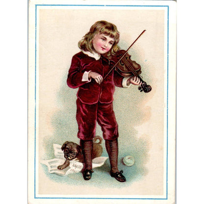 1880s Victorian Trade Card BLANK Little Boy Playing Violin and Puppy Dog SE3-3