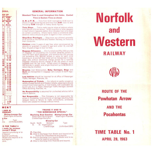 1963 Norfolk and Western Railway Powhatan Arrow & Pocahontas Timetable SE4