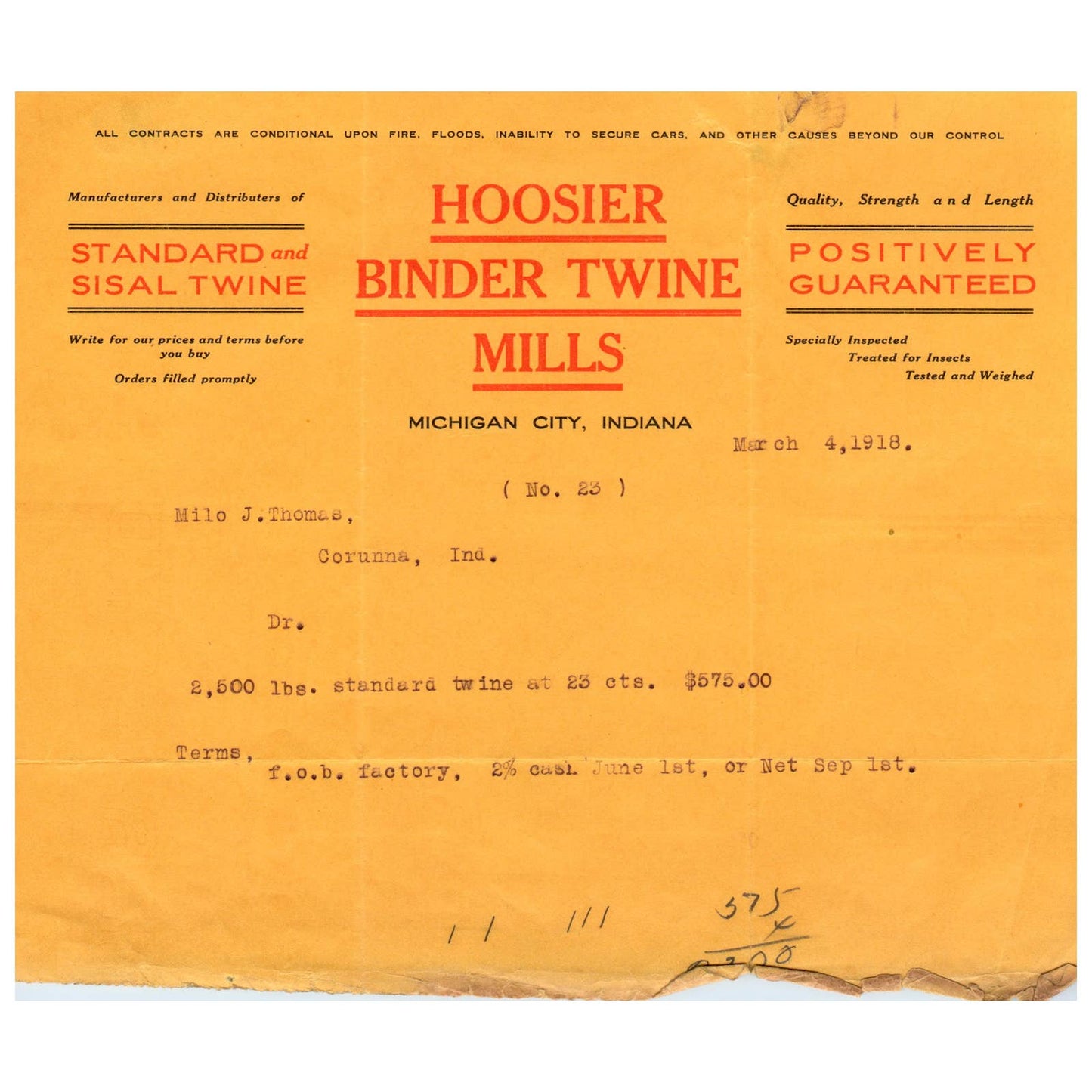 1918 Hoosier Binder Twine Mills Letterhead Michigan City Indiana AD8