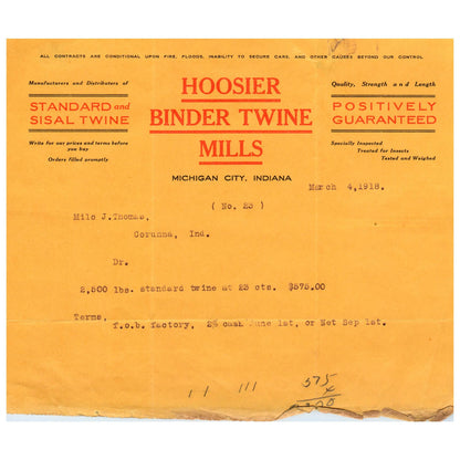 1918 Hoosier Binder Twine Mills Letterhead Michigan City Indiana AD8