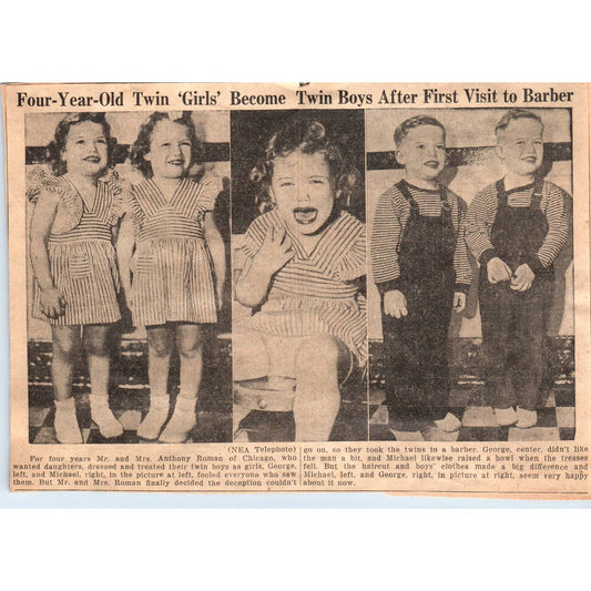 1940s Newspaper Clipping -  Twin Girls Become Boys George & Michael Roman EA3