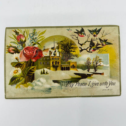 Antique Victorian Greeting Card Rose Birds Church Scene John 14:27 AA2