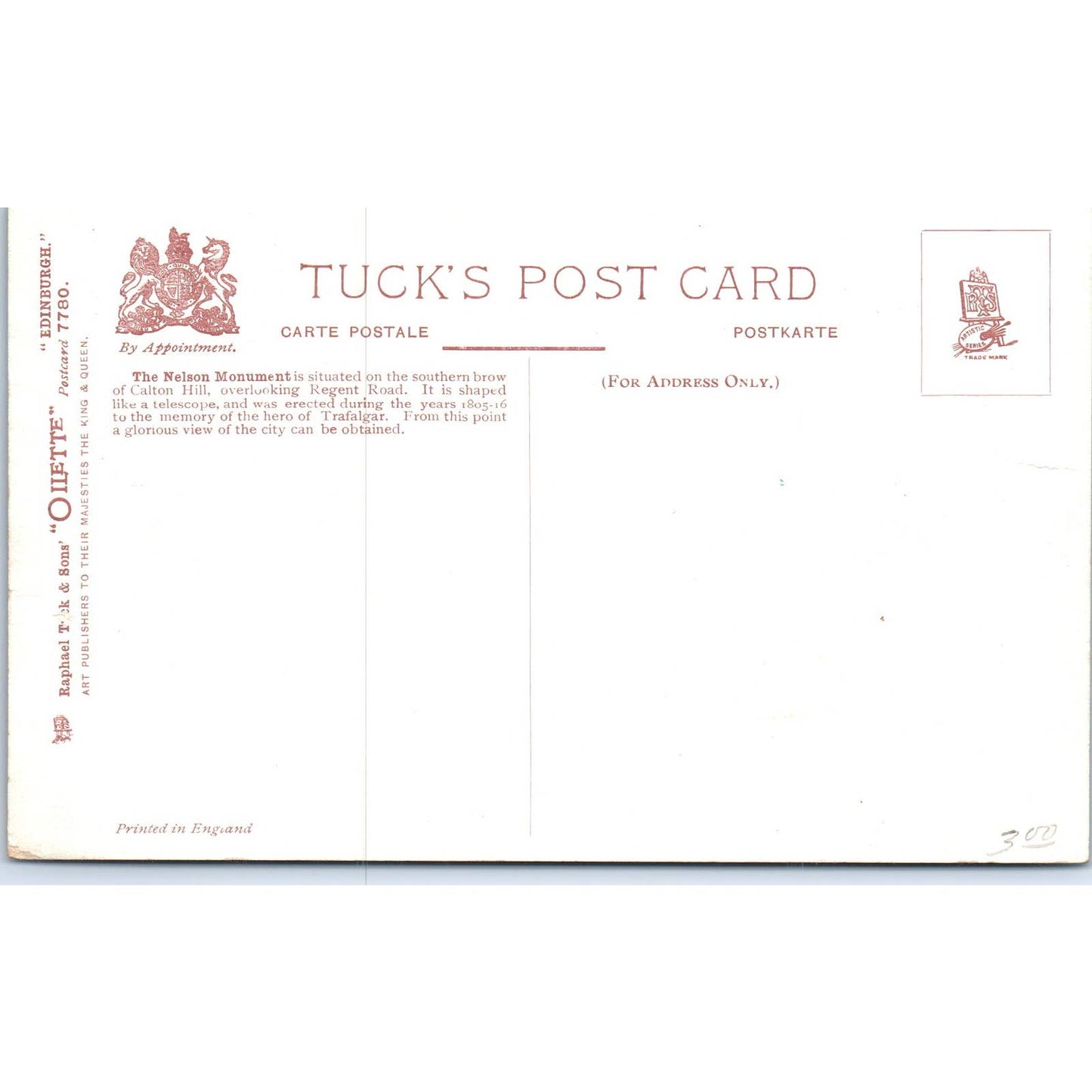 Edinburgh - The Nelson Monument Raphael Tuck Oilette Original Postcard TK1-P17