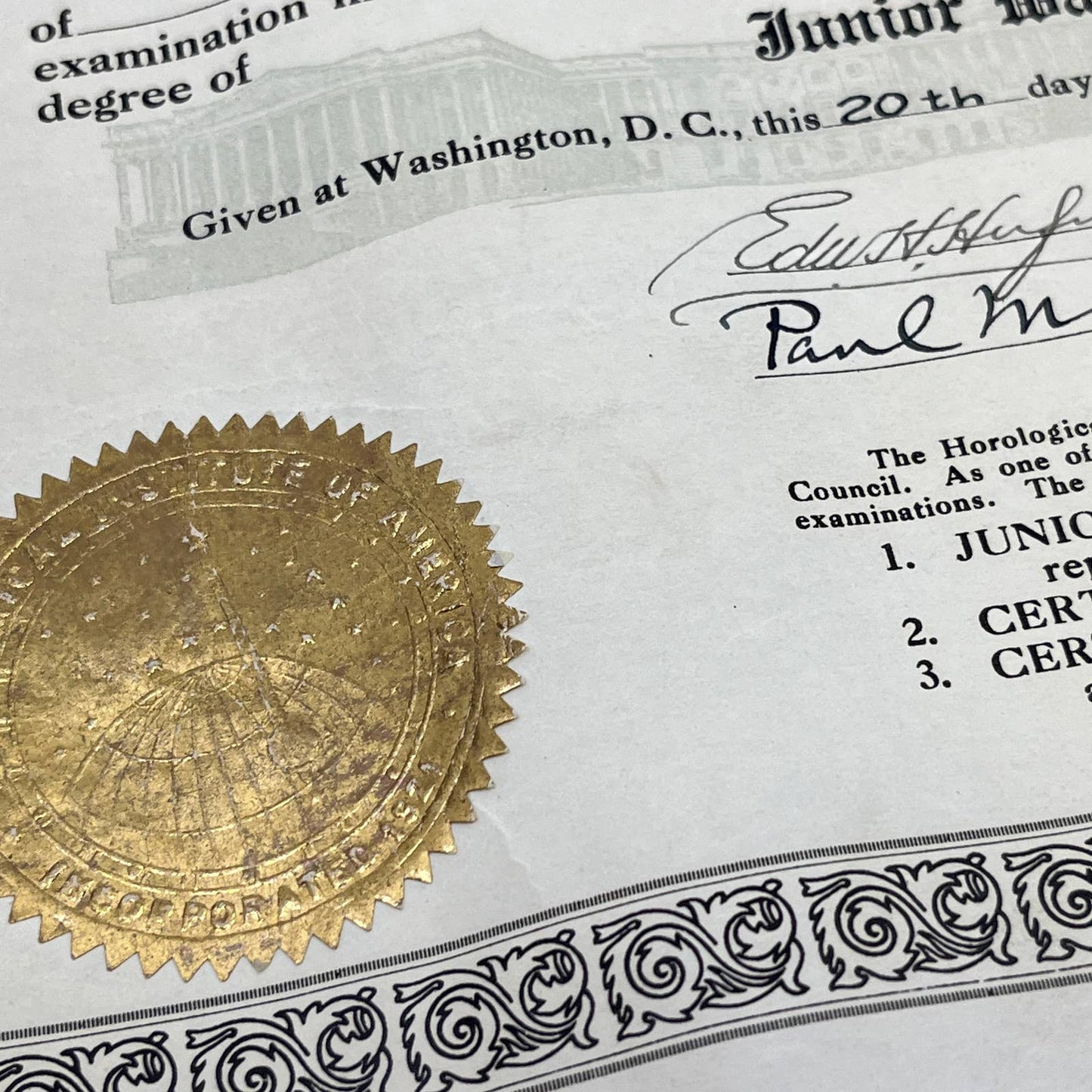 1926 Horological Society Junior Watchmaker Certificate Otho Albin Brown FL3