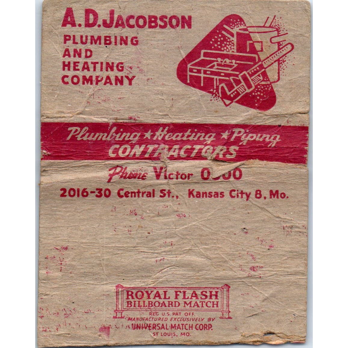 A.D. Jacobson Plumbing & Heating Kansas City Wide Advertising Matchbook SA9-M7