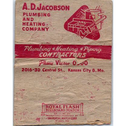 A.D. Jacobson Plumbing & Heating Kansas City Wide Advertising Matchbook SA6-M7