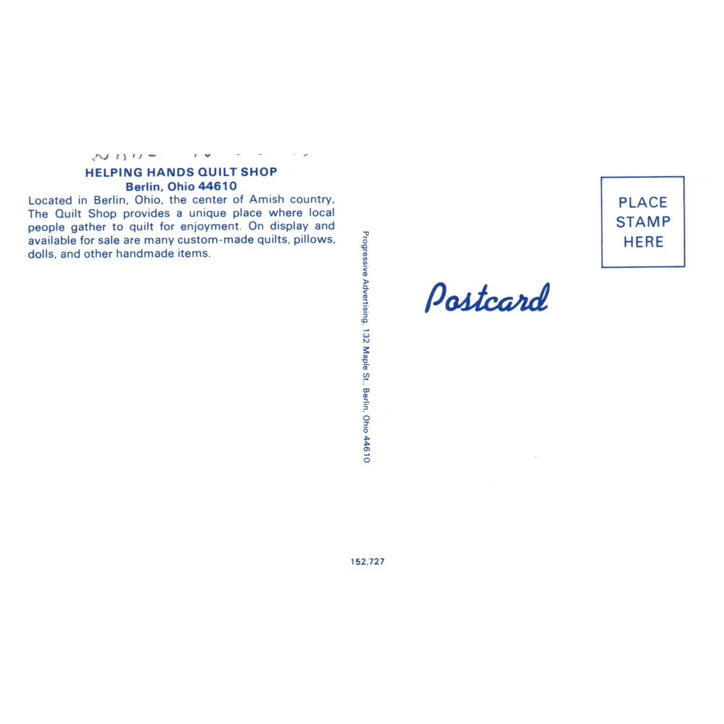 Vintage Postcard - Helping Hands Quilt Shop Berlin Ohio AD9