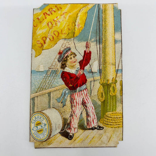 1880s Victorian Trade Card Clark’s ONT Spool Cotton Boy on Boat AA2