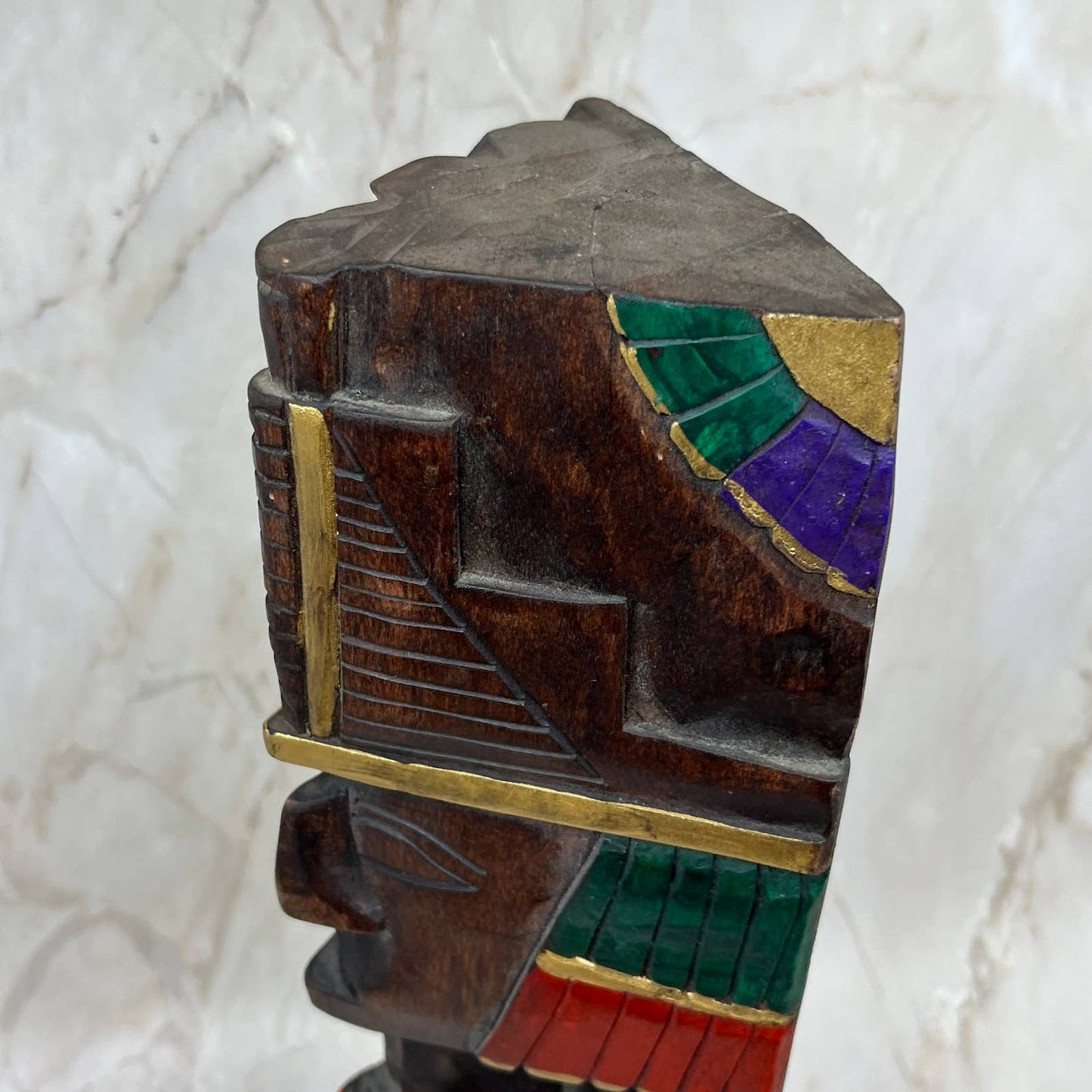 Hand Carved Hand Painted Wooden Aztec Mayan Totem Pole Sculpture 14” TI7