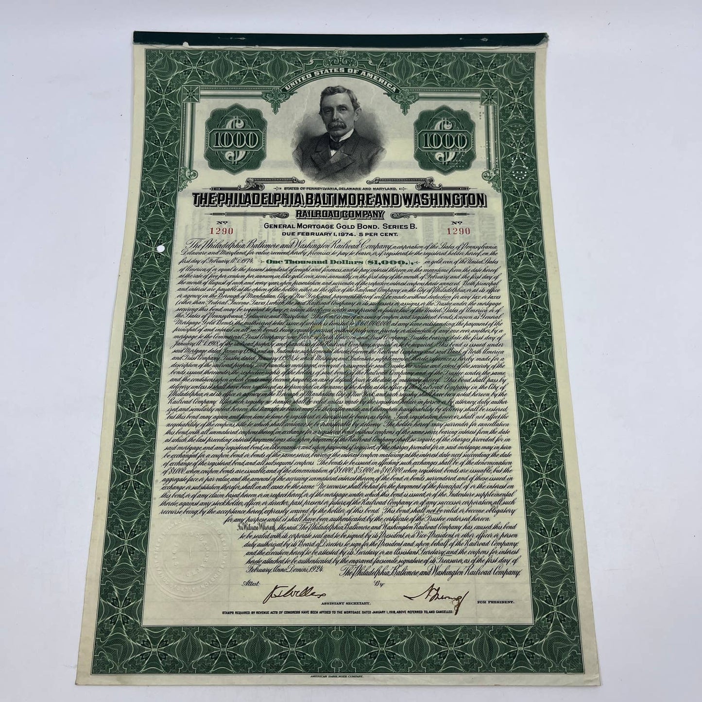 1924 The Philadelphia, Baltimore and Washington Railroad Co Bond Certificate FL4