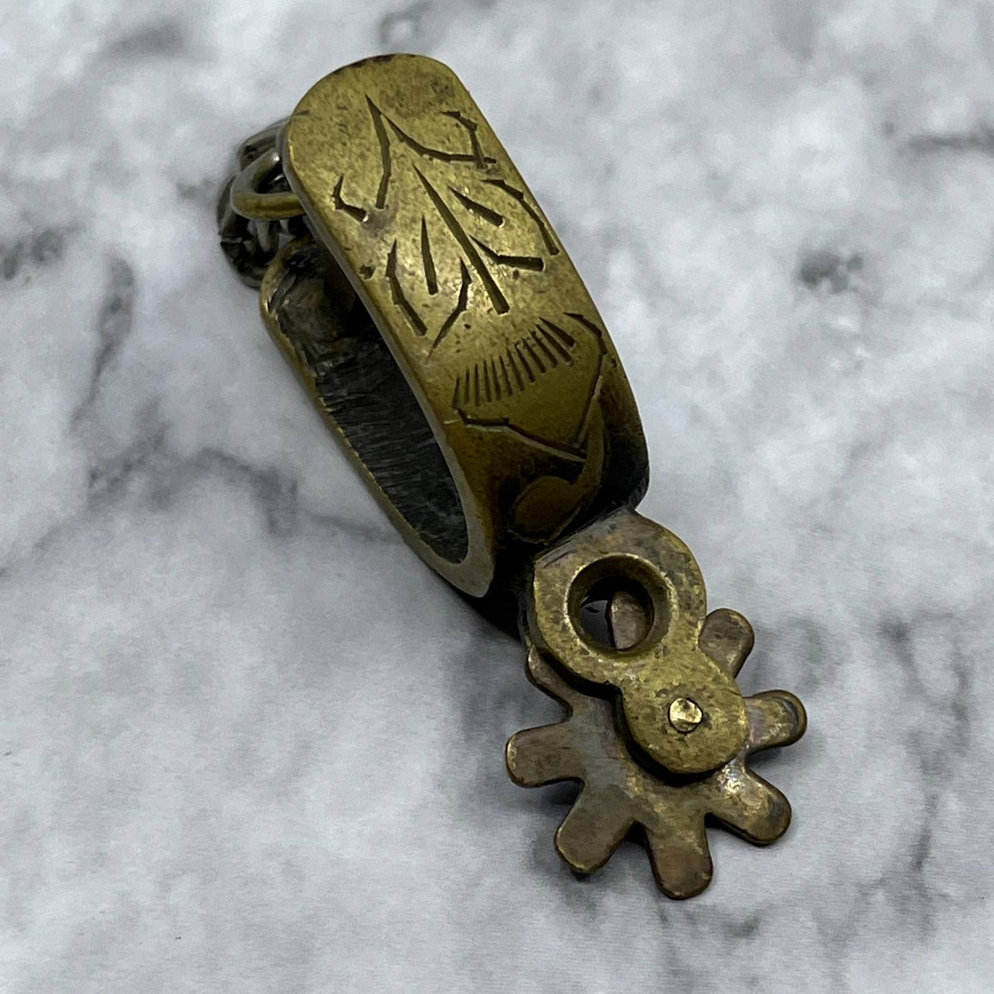 Vintage Brass Western Cowboy Boot Spur Etched Keychain SA2
