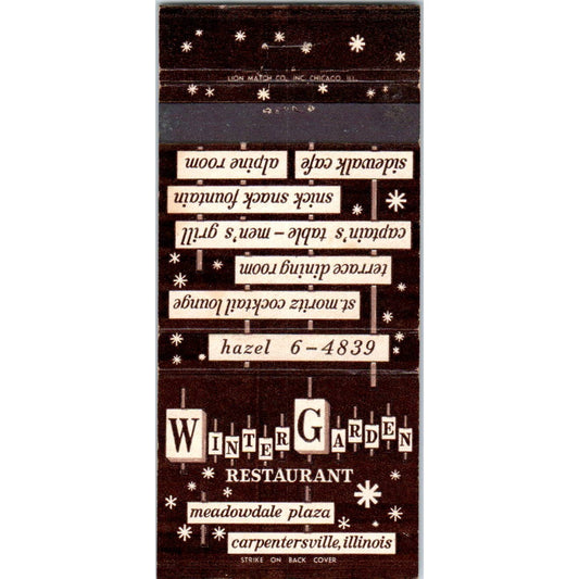 Winter Garden Restaurant Carpentersville IL Advertising Matchbook Cover SA1-M11