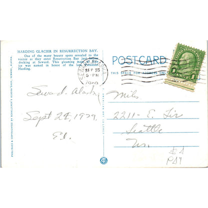 1929 Harding Glacier Resurrection Bay Alaska Original Postcard P2-6