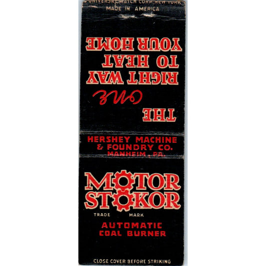 Motor Stokor Coal Burner Hershey Machine Manheim PA Advertising Matchbook MM9-10