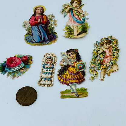 1880s Victorian Die Cut Scrap Lot 6 Children Floral Baby Infant Girls 1-2” EA2