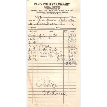 1950s Paris Pottery Company Billhead Receipt Paris TN AD5