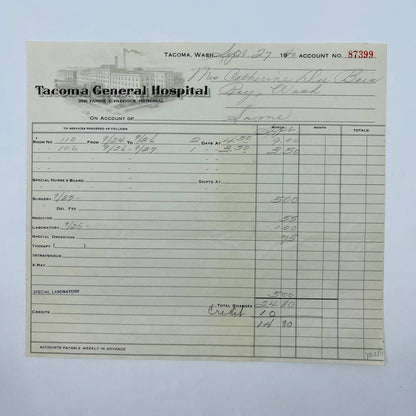 1940 Tacoma General Hospital Billhead Fannie Paddock Memorial Tacoma WA D1