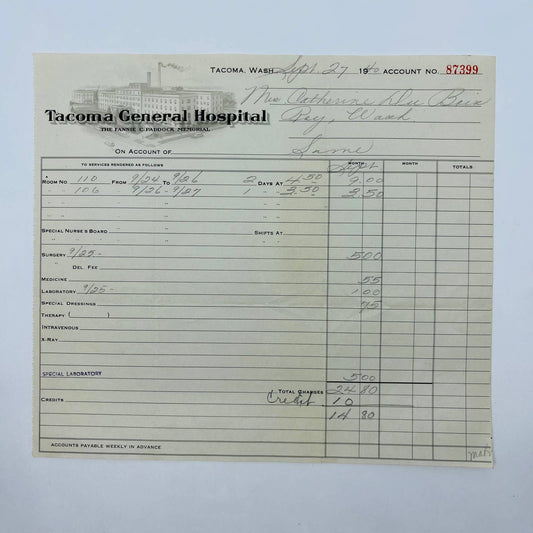 1940 Tacoma General Hospital Billhead Fannie Paddock Memorial Tacoma WA D1