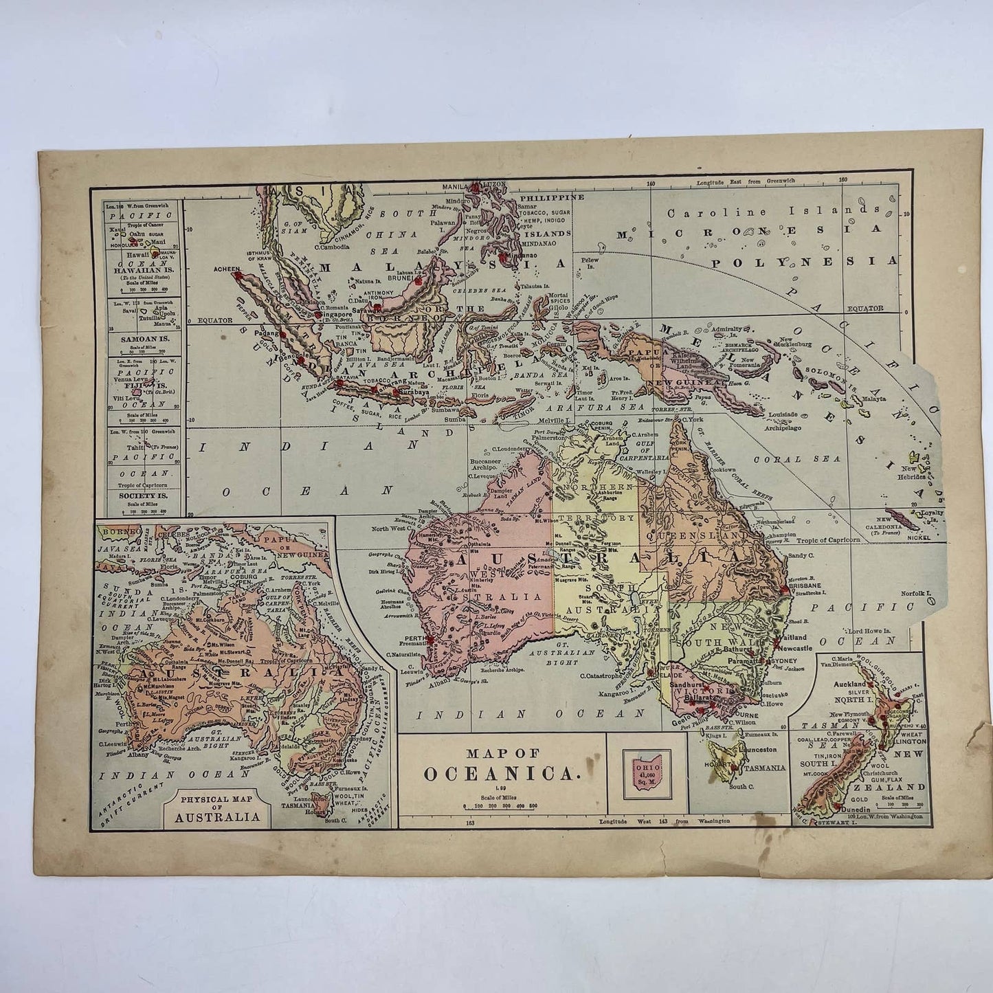 1896 Engraved Tinted Commercial Map of Australia Oceania 9x12" FL5