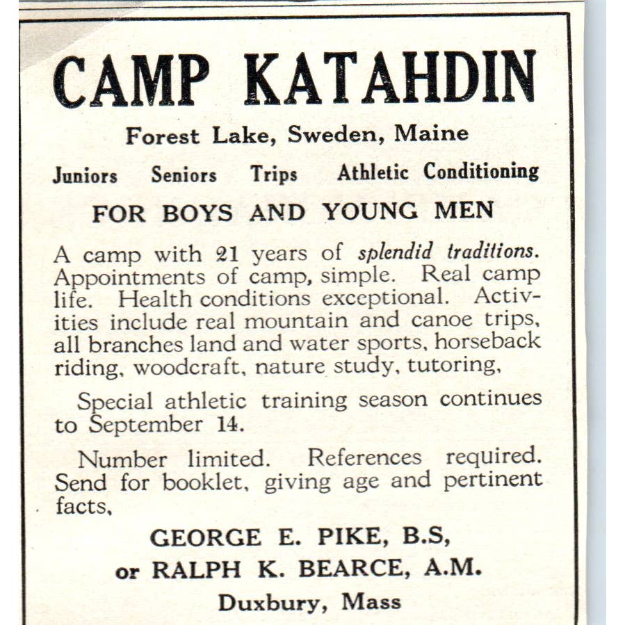 Camp Katahdin Forest Lake Sweden, Maine George E. Pike - 1921 Original Ad TJ7-S