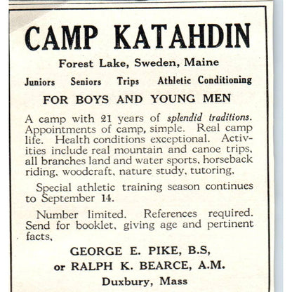 Camp Katahdin Forest Lake Sweden, Maine George E. Pike - 1921 Original Ad TJ7-S