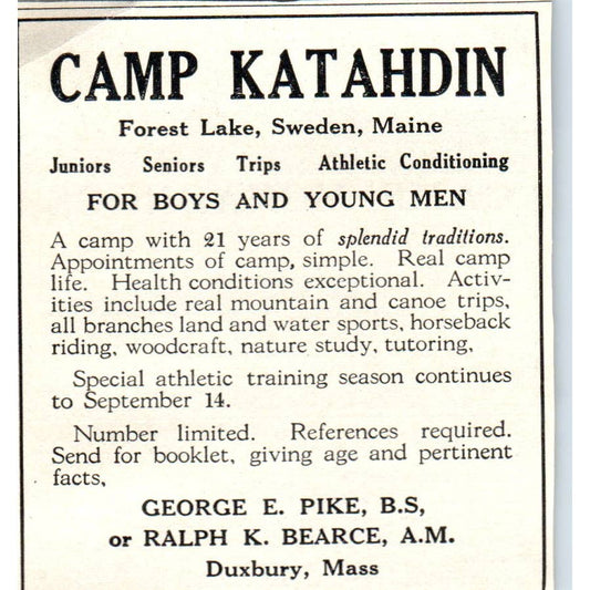 Camp Katahdin Forest Lake Sweden, Maine George E. Pike - 1921 Original Ad TJ7-S
