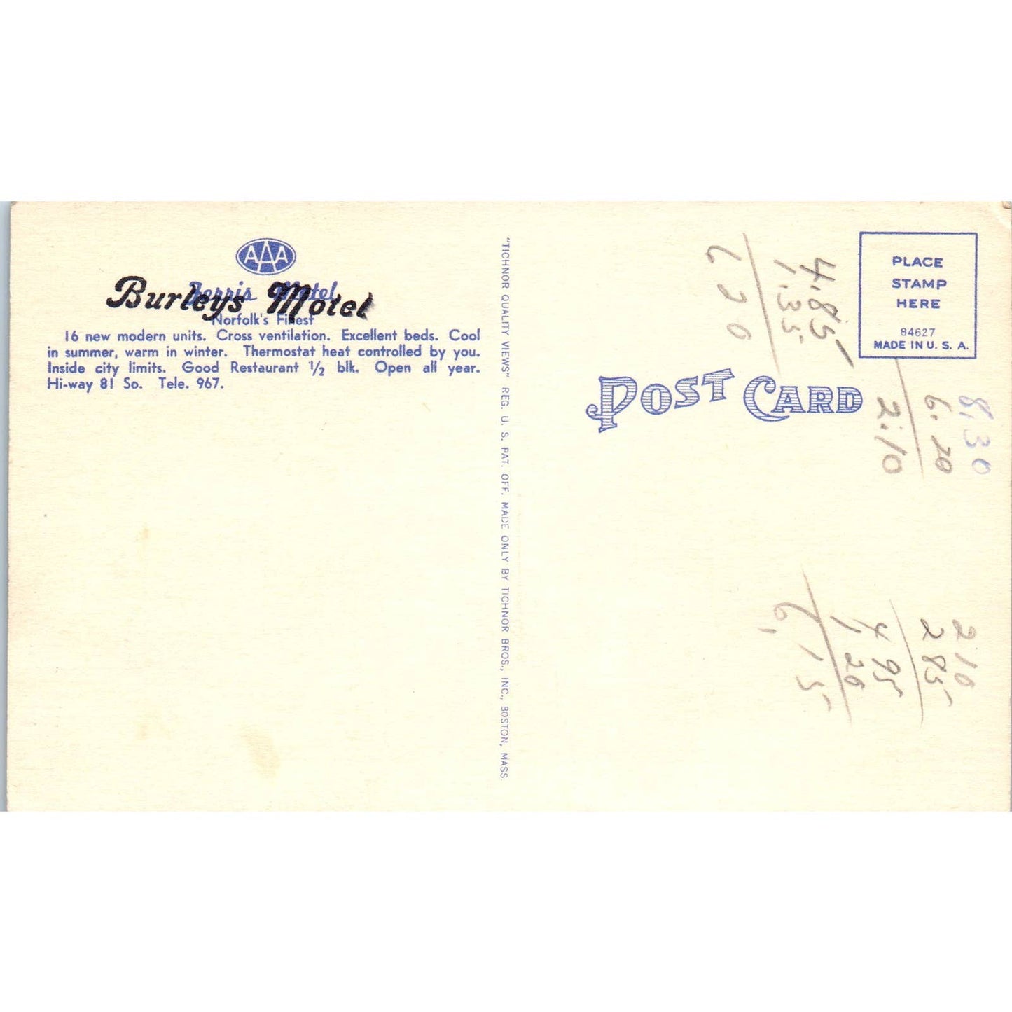 Burley's Motel Norfolk Nebraska - Original Postcard TJ7-RP2