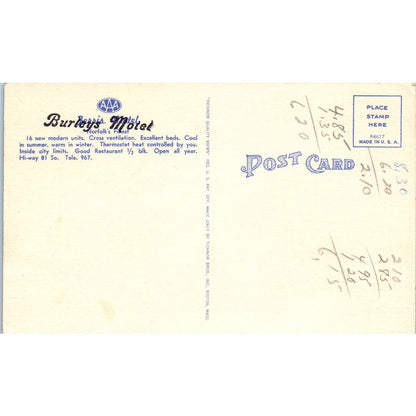Burley's Motel Norfolk Nebraska - Original Postcard TJ7-RP2