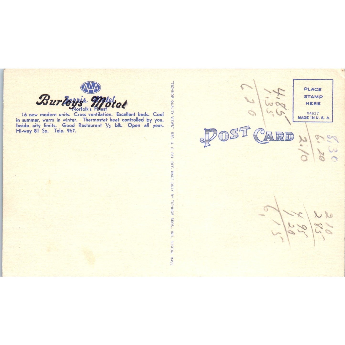 Burley's Motel Norfolk Nebraska - Original Postcard P3-4