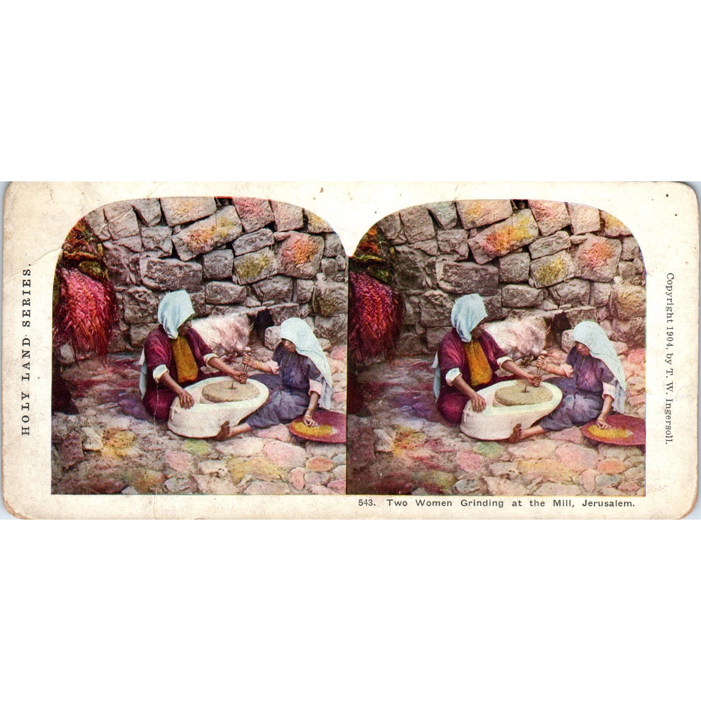 Two Women Grinding at the Mill Jerusalem - Antique Stereoview Card H3-2